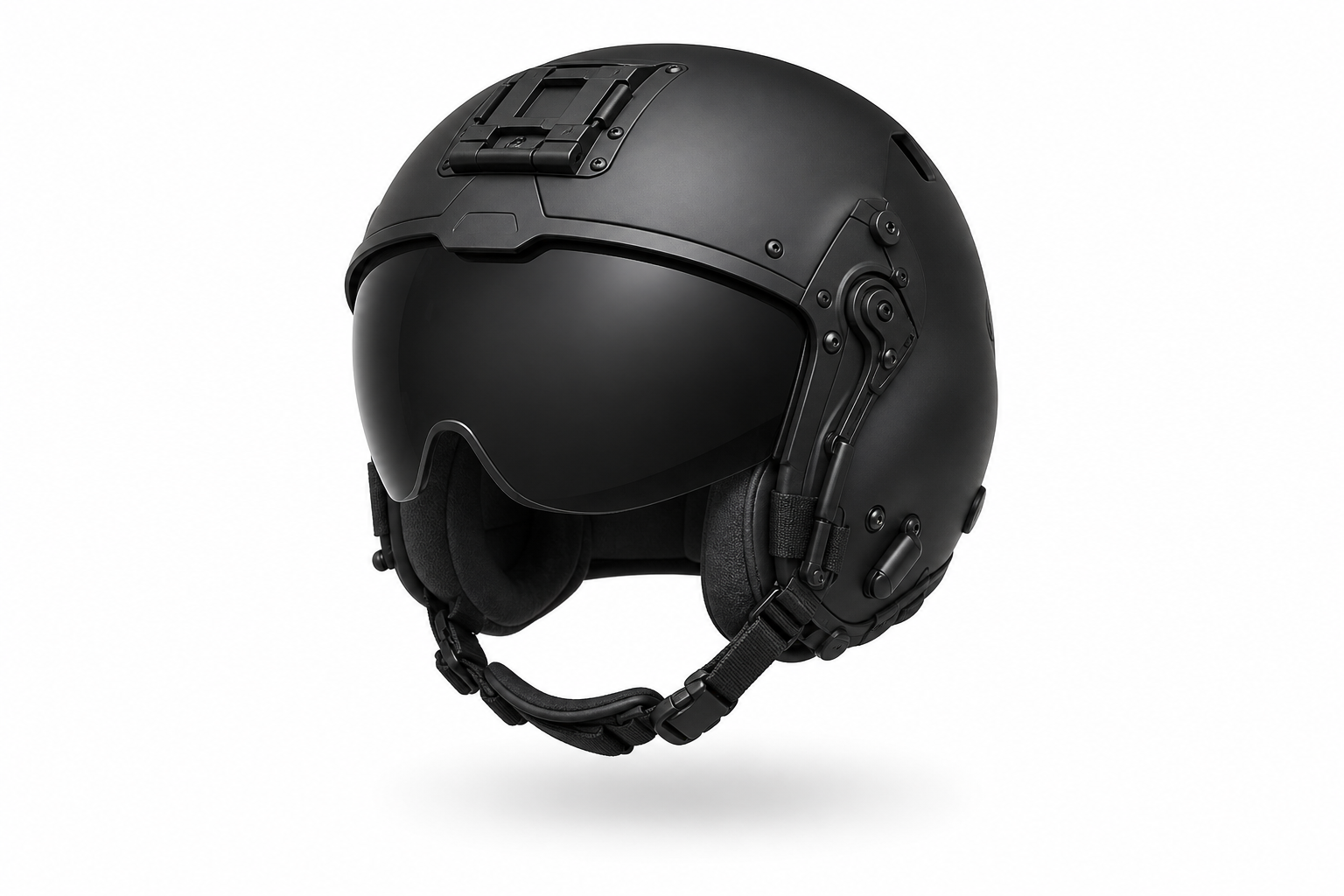 OA-1 composite flight helmet, matte black with smoked visor, floating in a seamless bone-grey studio void