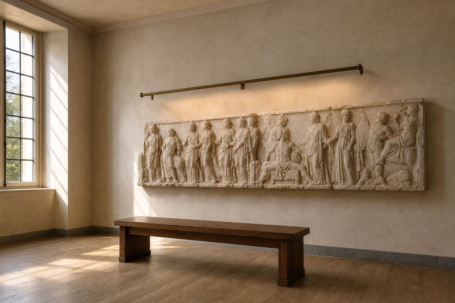 A classical marble frieze mounted on a warm cream plaster wall above a single oak bench, morning light through a tall window