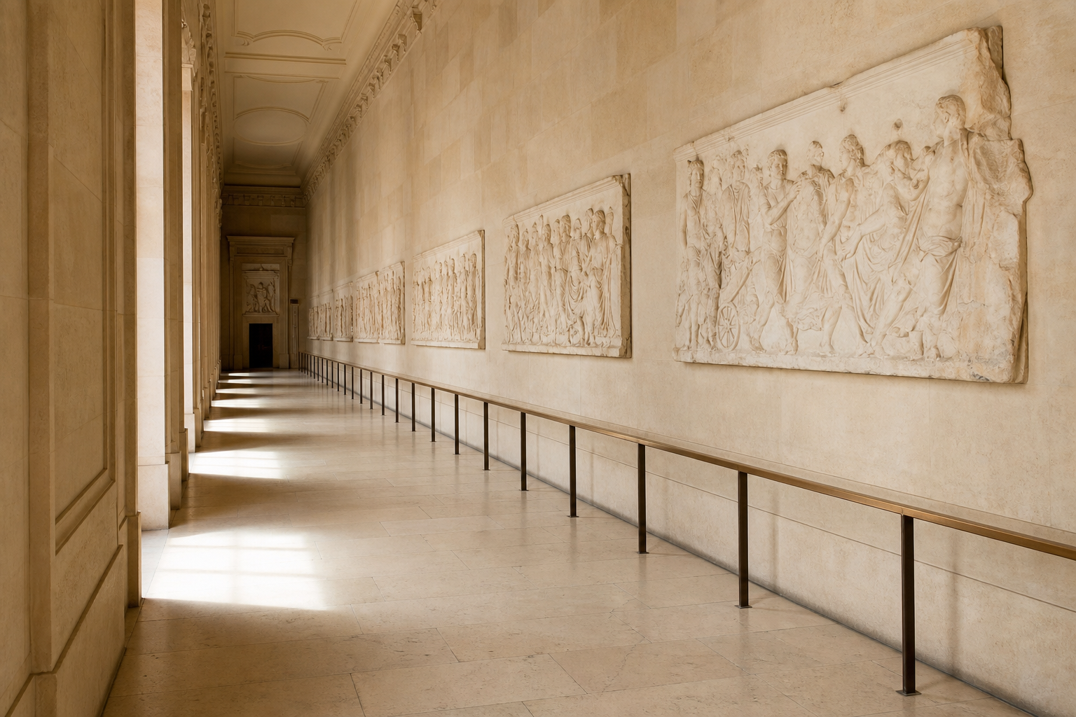 A long warm-stone corridor with classical friezes spaced along the wall and a thin bronze rail, morning light pooling on the limestone floor
